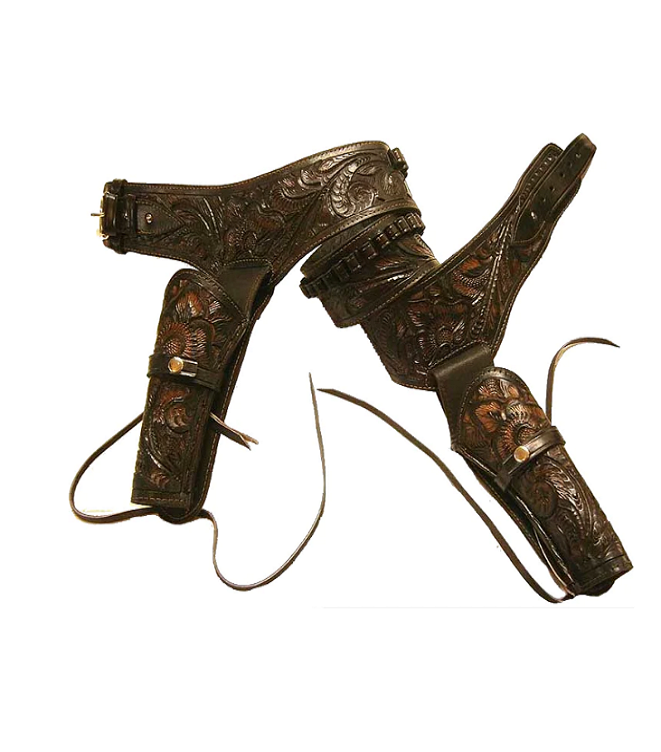 Double Leather Pistol Holster - Tooled & Size 30 Belt