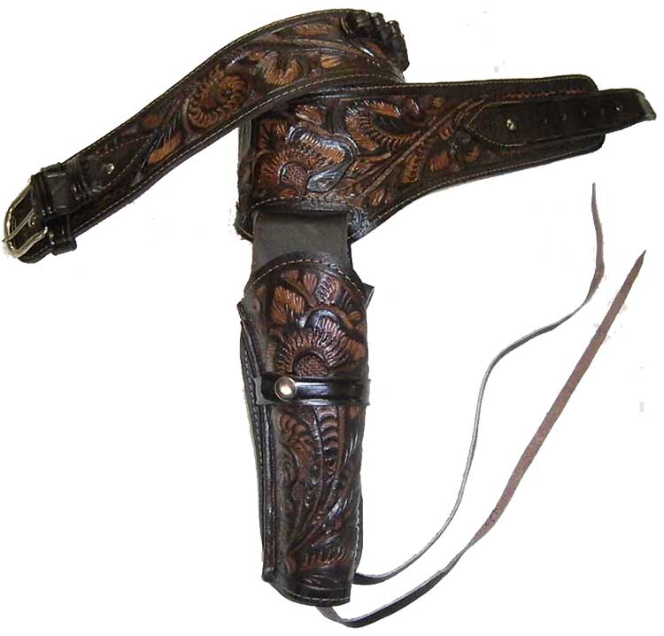 Leather Pistol Holster - Left - Tooled & Size 36 Belt